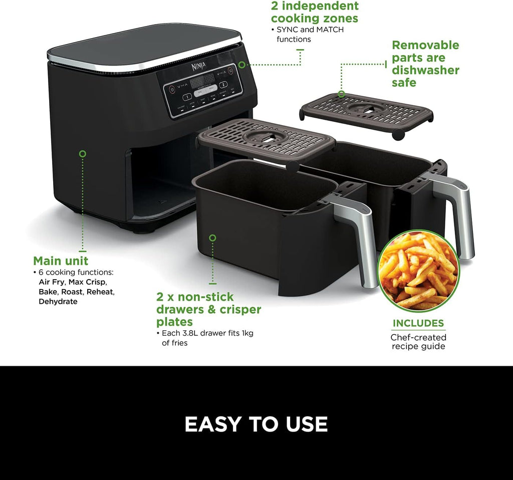 Ninja Foodi Dual Zone Digital Air Fryer, 2 Drawers, 7.6L, 6-in-1, Uses No Oil, Air Fry, Max Crisp, Roast, Bake, Reheat, Dehydrate