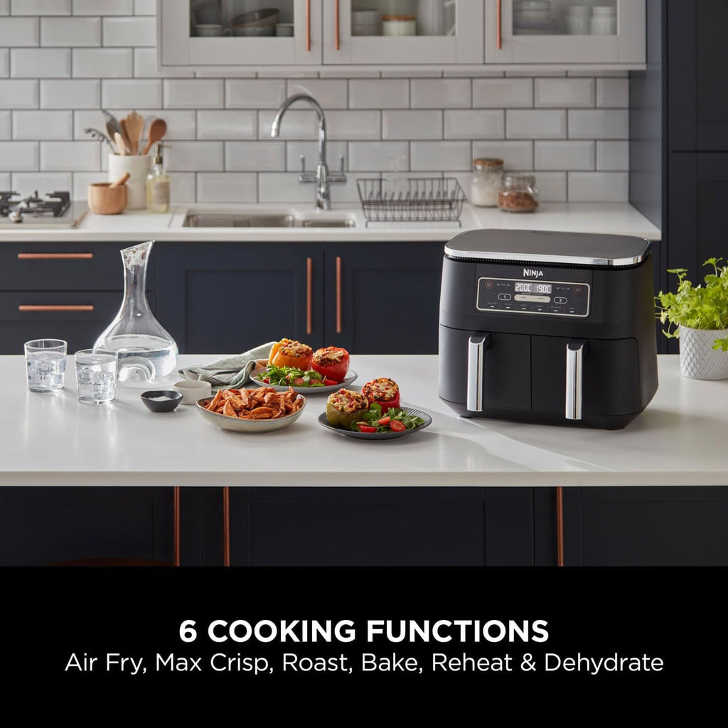 Ninja Foodi Dual Zone Digital Air Fryer, 2 Drawers, 7.6L, 6-in-1, Uses No Oil, Air Fry, Max Crisp, Roast, Bake, Reheat, Dehydrate