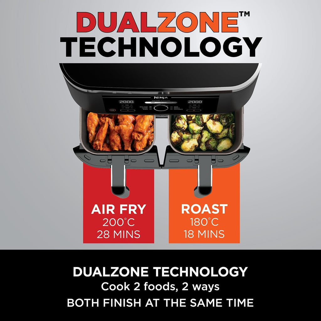 Ninja Foodi Dual Zone Digital Air Fryer, 2 Drawers, 7.6L, 6-in-1, Uses No Oil, Air Fry, Max Crisp, Roast, Bake, Reheat, Dehydrate