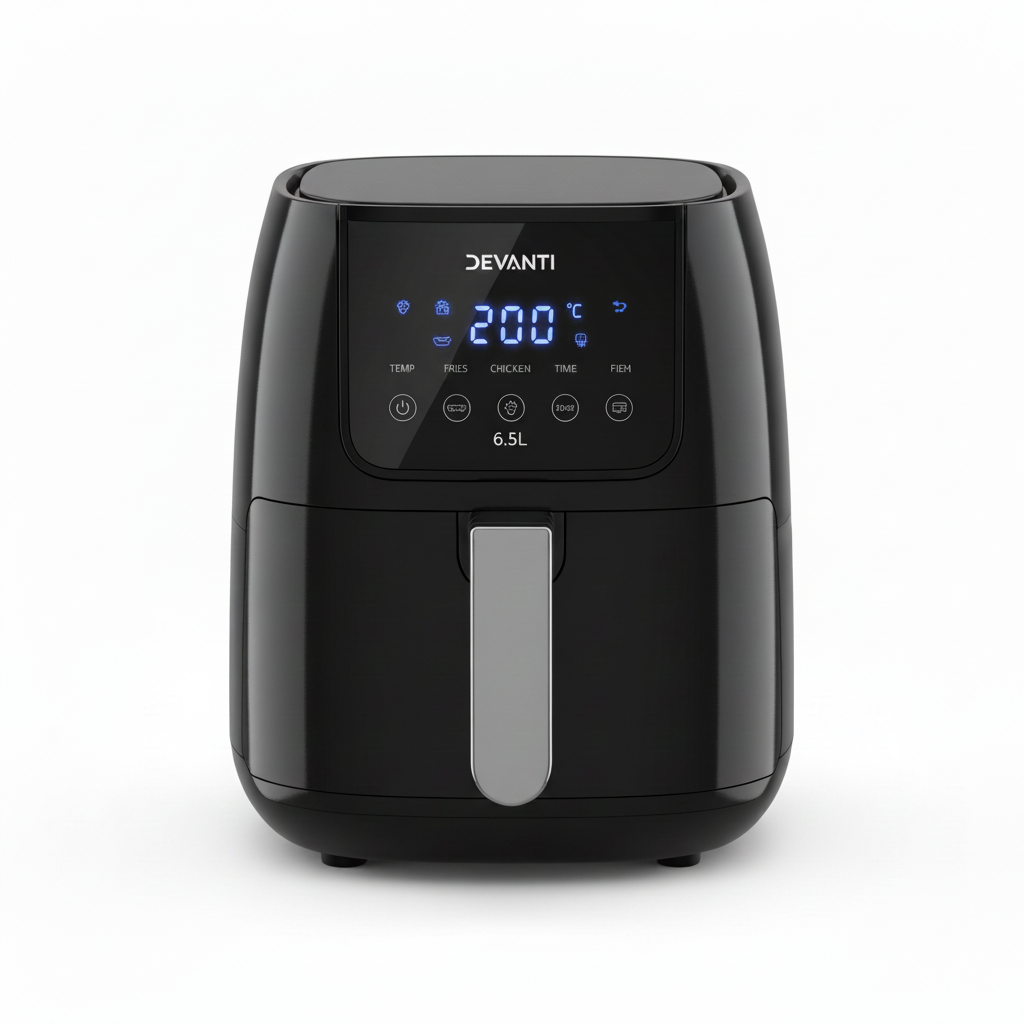 DEVANTI Air Fryer 6.5L LCD Touch Screen displaying 200 degrees